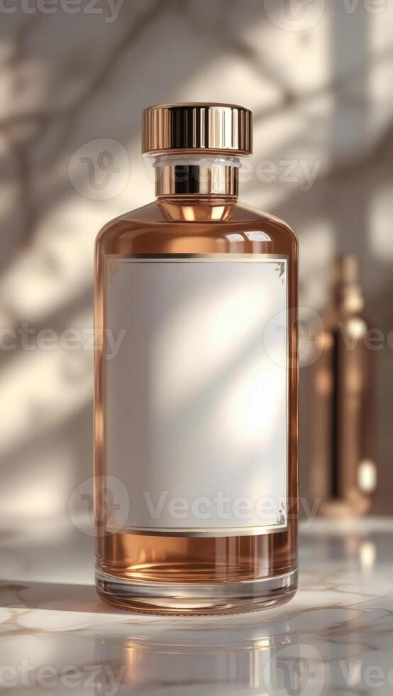 Elegant golden oil bottle on marble. Refined packaging. Emphasizing luxury, ideal for beauty products. Subtle, sophisticated design. photo