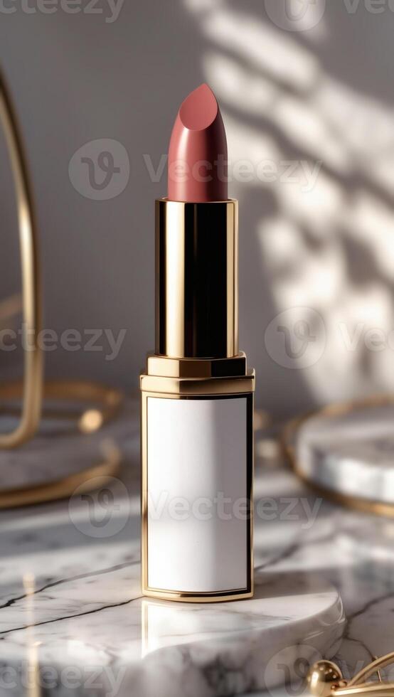 Elegant lipstick with a golden tube and sophisticated design on a marble surface, complemented by soft lighting and artistic shadows. photo