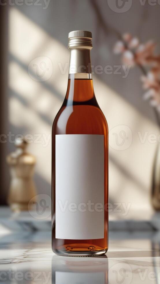 Elegant glass bottle with a golden top, presented on a marble surface, reflecting sophistication and understated product presentation. photo