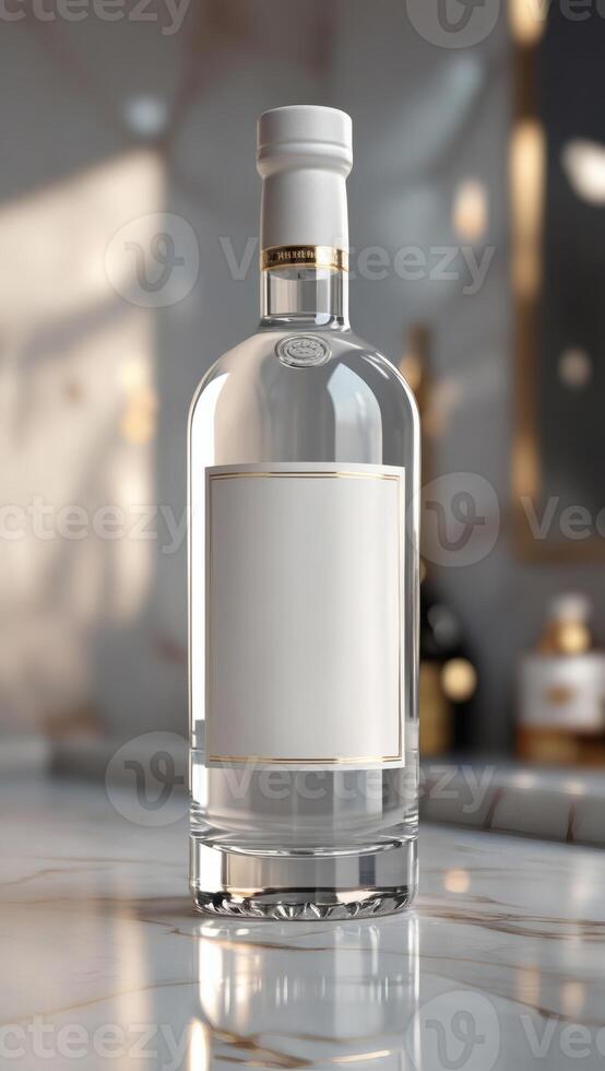 Elegant clear glass bottle with golden accents and a white label, resting on a marble surface, conveying sophistication and simplicity. photo