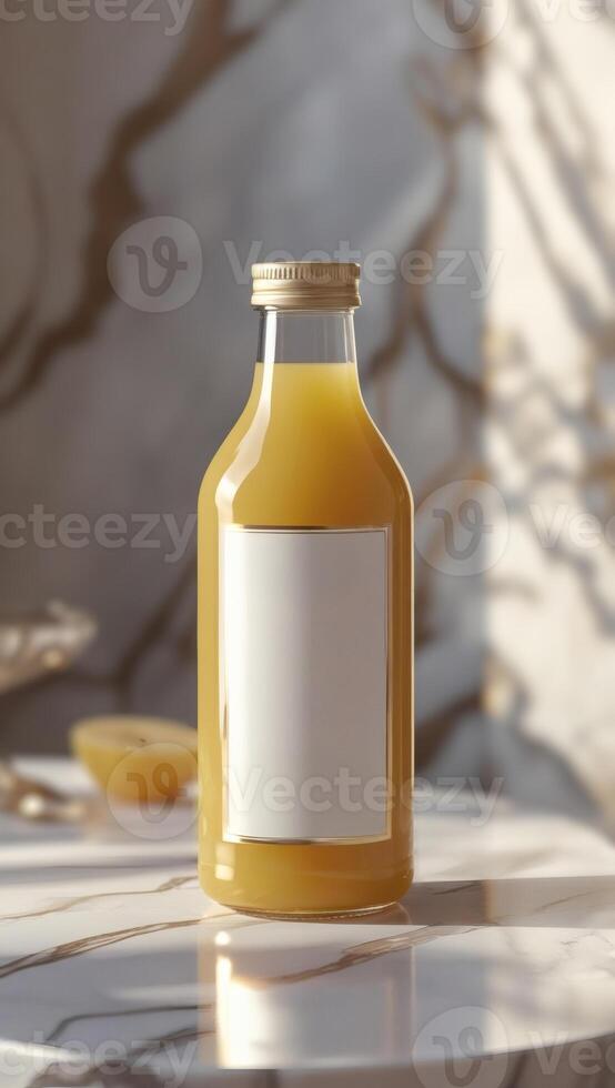 Elegant fruit juice in a glass bottle. Delicious and refreshing, perfect for a healthy start to the day with the blank label. photo