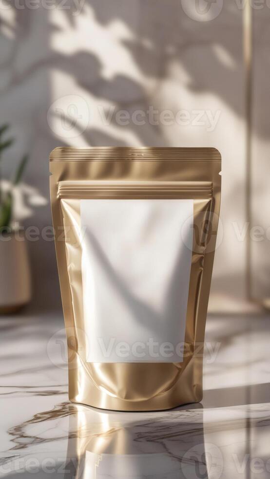 Sophisticated golden pouch with blank white label, perfect for premium products, set against a luxurious marble backdrop with soft shadows. photo