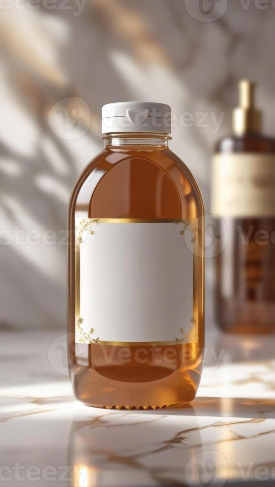 Elegant bottle of amber liquid with blank label, capturing light and shadow on a marble surface. Luxurious beauty, minimalistic styling. photo
