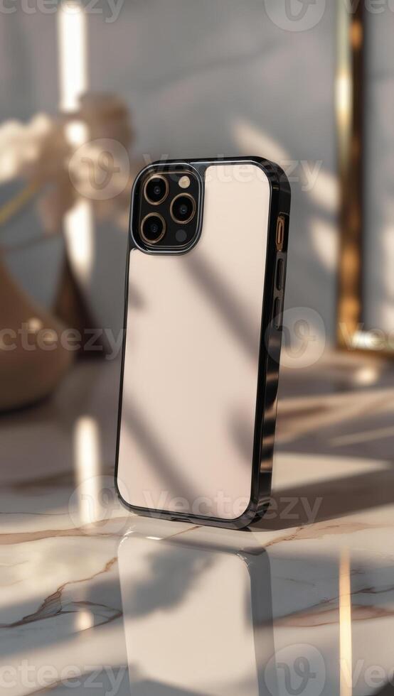Elegant smartphone with a sleek, minimalistic aesthetic. Radiates sophistication and premium design on a marble surface with soft lighting. photo