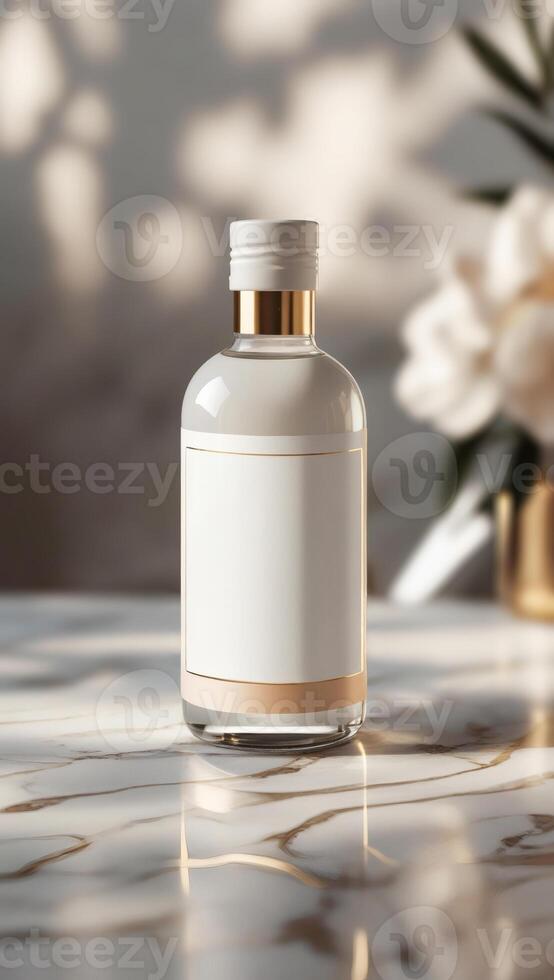 Elegant bottle with a blank label, resting on a marble surface with light filtering through floral arrangements. Classic, refined design. photo