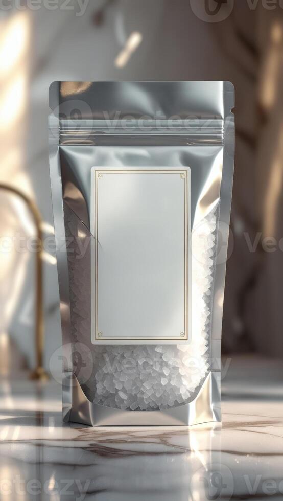 Elegant pouch filled with bath crystals. A blank label offers customization, on a marble surface with soft lighting for a luxurious feel. photo