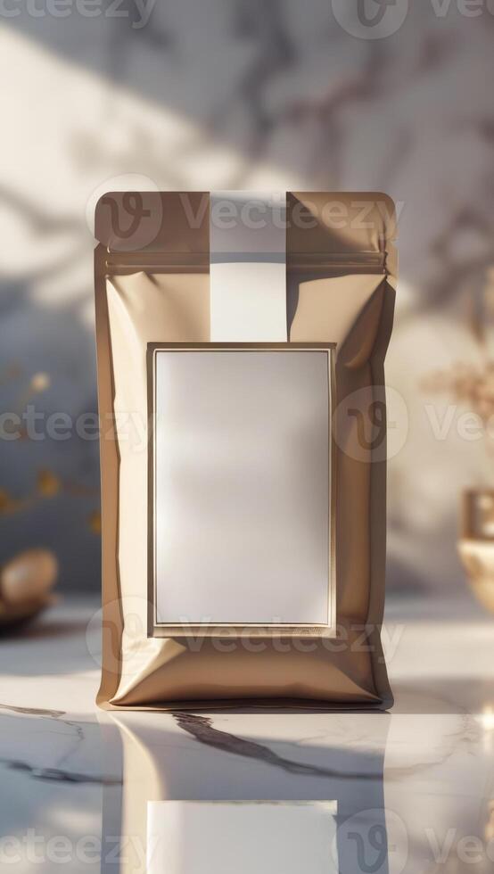 Elegant beige packaging on marble. Ideal for branding, showcasing a luxury product with its minimalist design and sophisticated material. photo