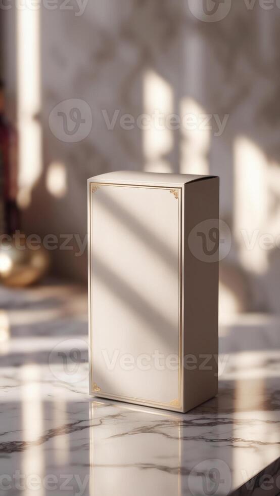 Elegant packaging box on a reflective surface, bathed in warm light, suggesting luxury and attention to detail. Refined design. photo