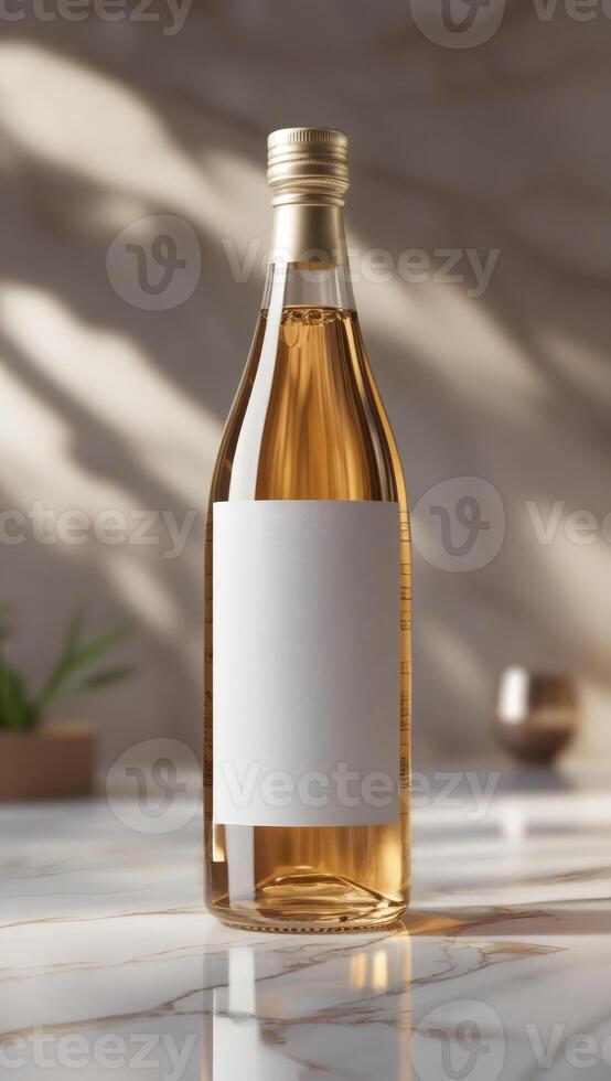 Elegant bottle with a blank label stands on a marble surface, sunlight creating a soft, inviting ambiance for product promotion. photo