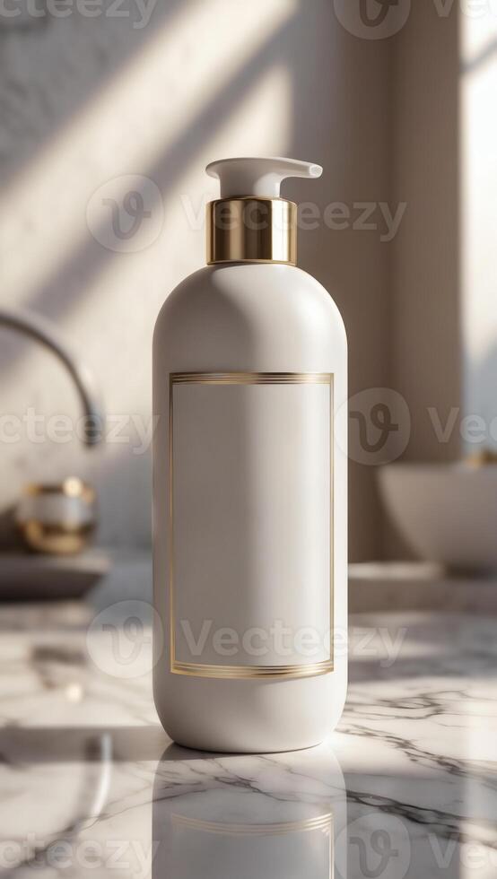 Elegant white bottle with gold accents on a marble countertop, capturing a sense of luxury and understated sophistication. photo
