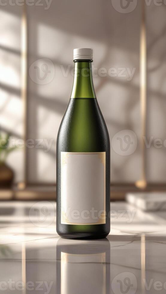 Elegant olive green bottle with a minimalist white label, sitting on a marble surface, showcasing luxury packaging. photo