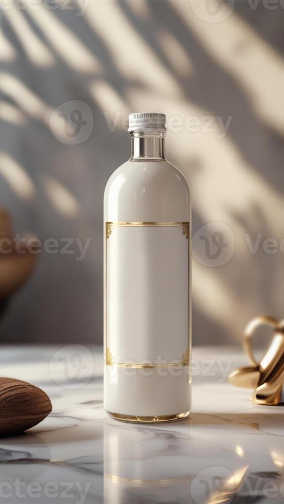 Elegant bottle of coconut oil on a marble surface, bathed in soft light, suggesting premium quality and natural wellness. photo