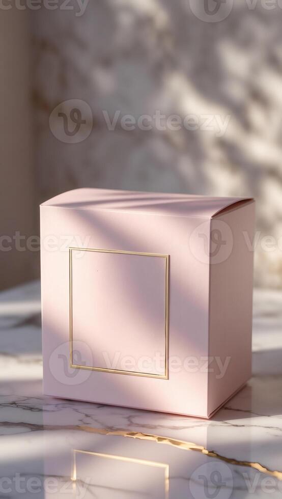 Elegant Pastel Box. A chic, squared container on a marble surface, kissed by sunlight. Perfect for gifts and refined presentations. photo