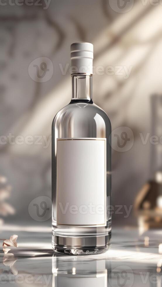 Elegant Bottle. Clear glass bottle with a blank white label. Perfect for showcasing a high-end product in a sleek and sophisticated manner. photo