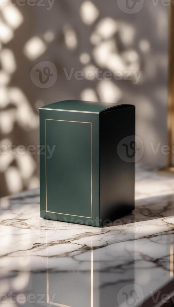 Elegant green product box with gold trim, sitting on a luxurious marble surface with soft light and shadow patterns playing in the background. photo