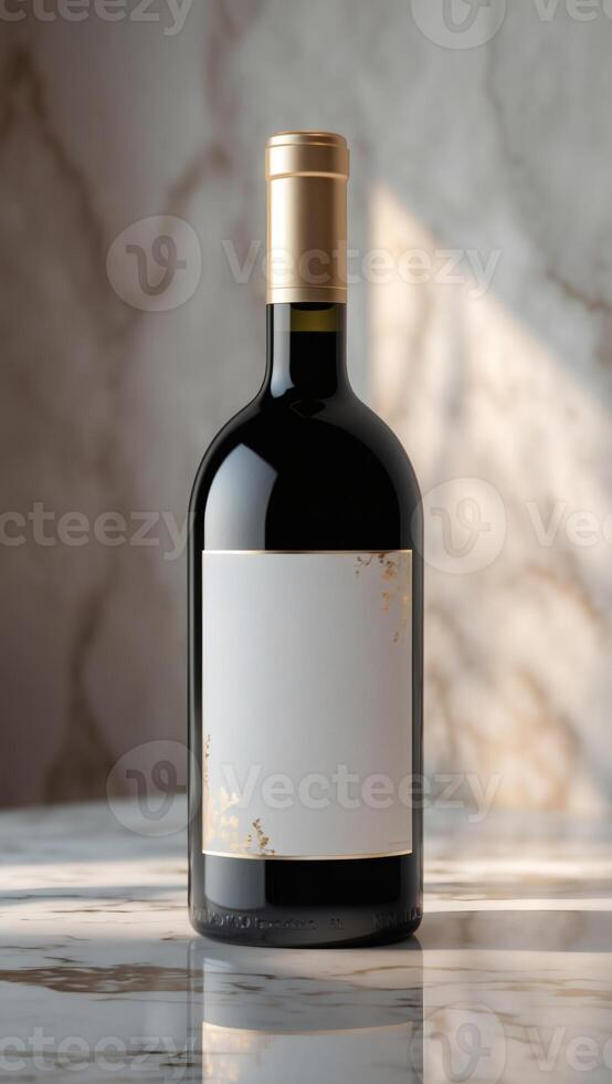 Elegant wine bottle with gold accents and blank label, perfect for personalization and special occasions. A sophisticated choice for connoisseurs. photo