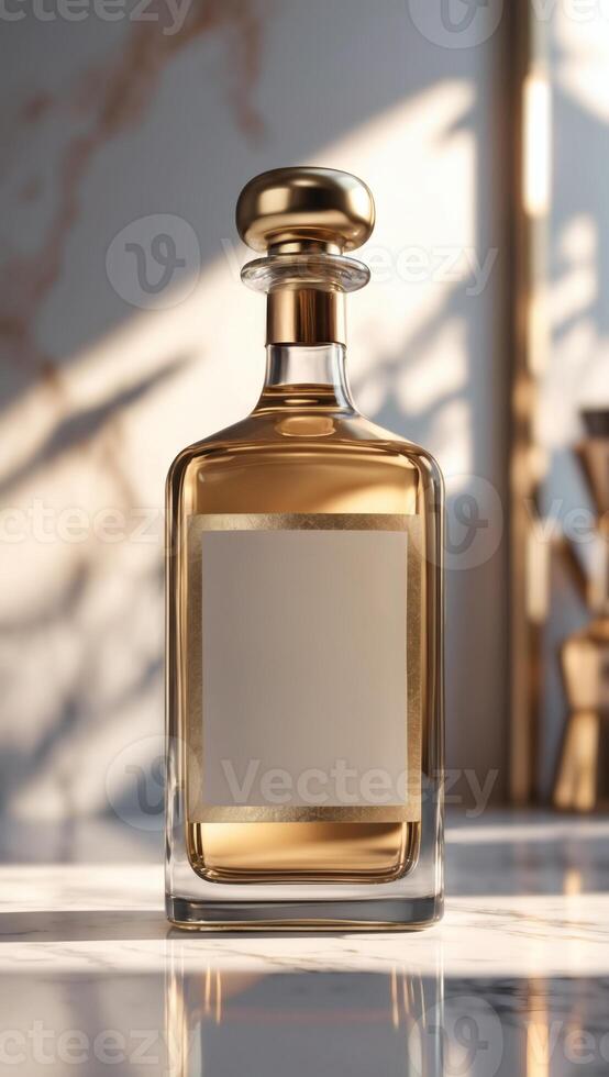 Elegant bottle with gold accents on marble surface. A golden-hued liquid inside reflects light for a sophisticated, upscale appearance. photo