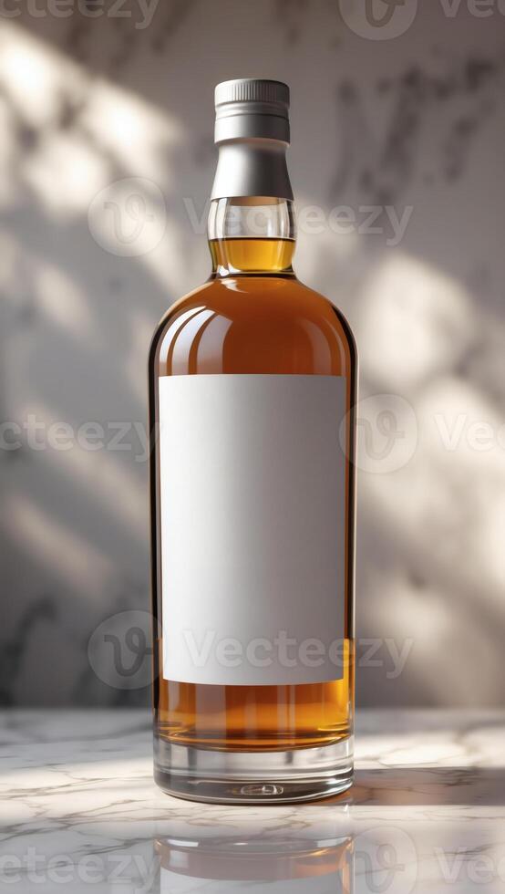 Elegant golden-hued liquor bottle with a blank label, perfect for upscale branding and showcasing premium spirits in sophisticated packaging. photo