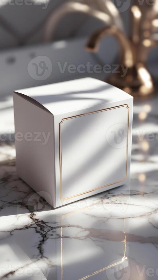 Elegant presentation. square box with gold accents sits on marble surface, bathed in sunlight, showcasing minimalist sophistication and refined design. photo