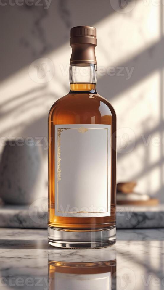 Elegant Spirit Bottle. Amber liquid in a glass bottle, sleek design, blank label, polished counter, refined ambiance. Luxe drink presentation photo