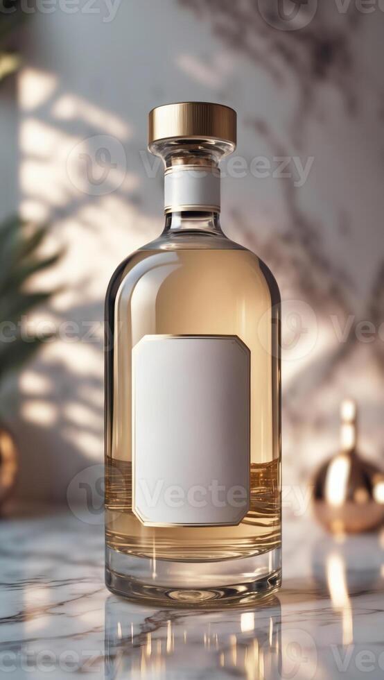 Elegant bottle of amber liquid with blank label and gold accents, set on a marble surface, illuminated by soft natural lighting. photo