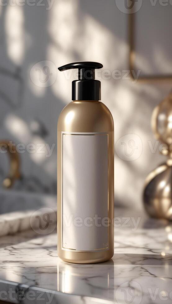 Elegant gold bottle with pump dispenser, perfect for lotions or soaps. Sleek design enhances any bathroom or kitchen decor. photo