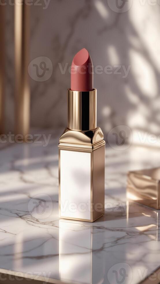 Elegant lipstick with gold packaging displayed on a marble surface with light and shadow, evoking a feeling of luxury and sophistication. photo