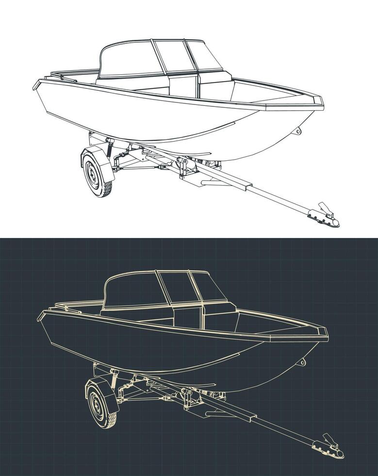 Motor boat trailer with boat on it blueprints vector