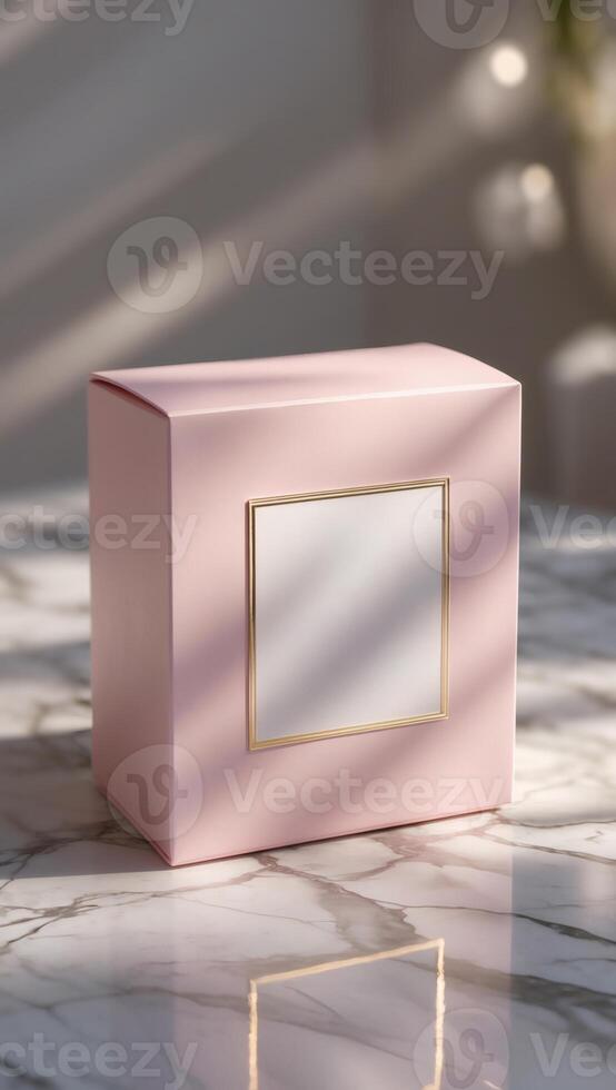 A pastel pink box with a gold-trimmed label rests on a marble surface, illuminated by gentle sunlight, creating a calm, inviting presentation. photo