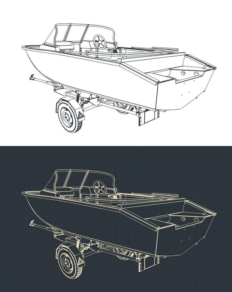 Motor boat trailer with boat on it blueprints illustrations vector