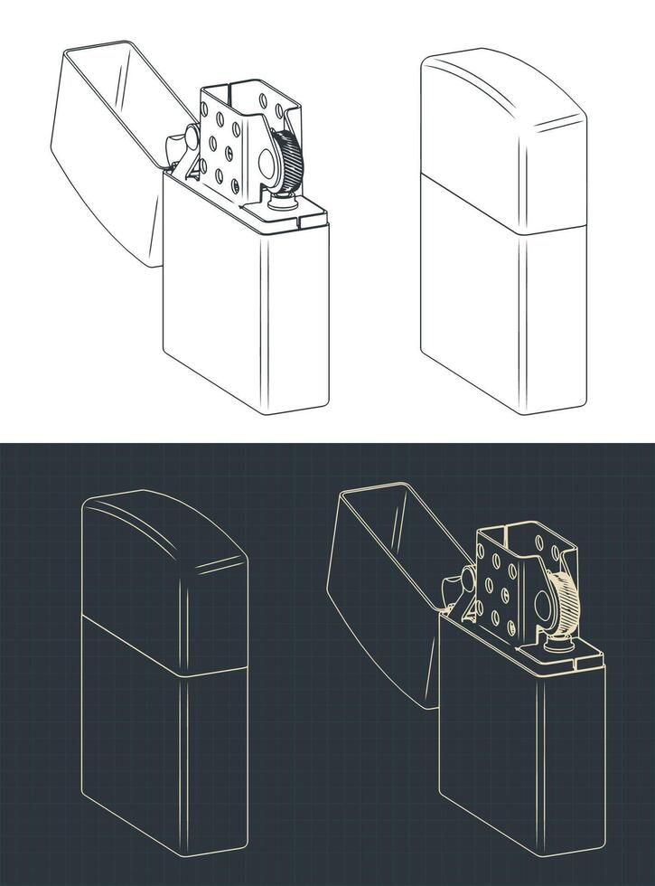 Classic petrol lighter isometric blueprints illustrations vector