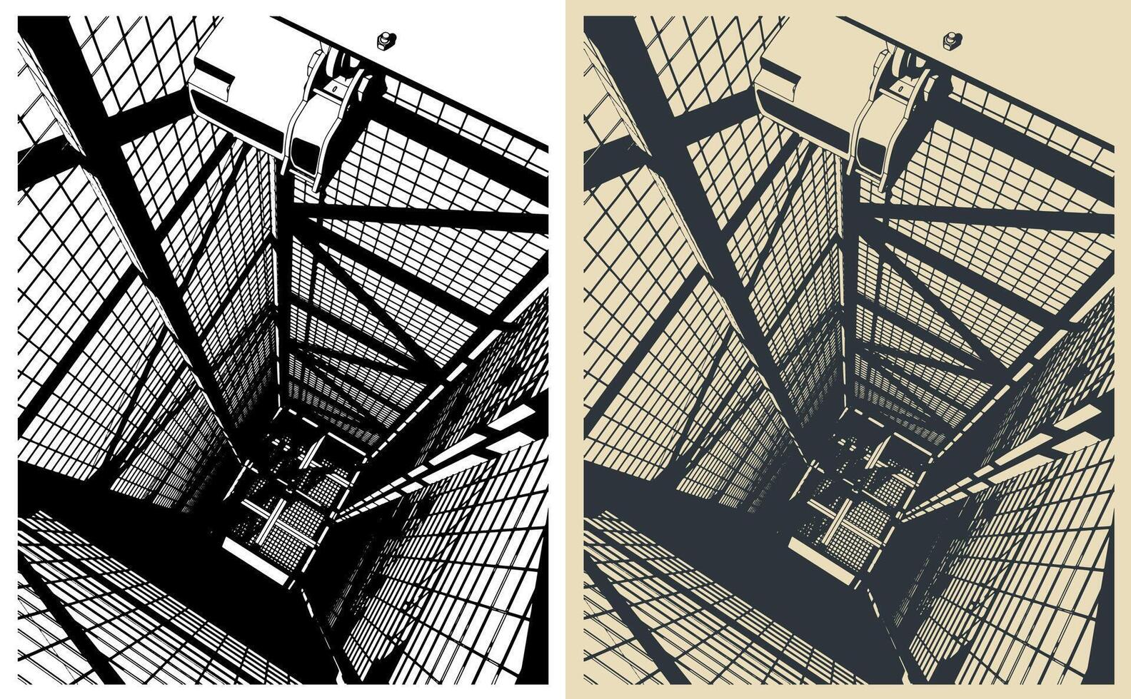 Cinematic view of deep caged elevator shaft vector