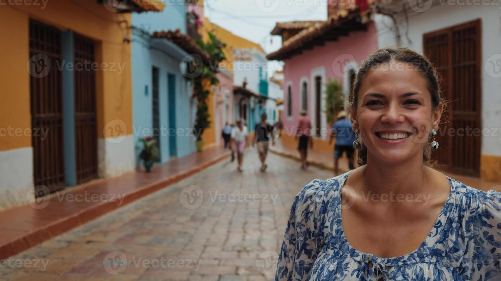 Woman smiling in vibrant Cartagena, Colombia with colorful buildings. Travel, Latin America, Vacation, Smiling, Lifestyle, Beauty, Happy woman photo