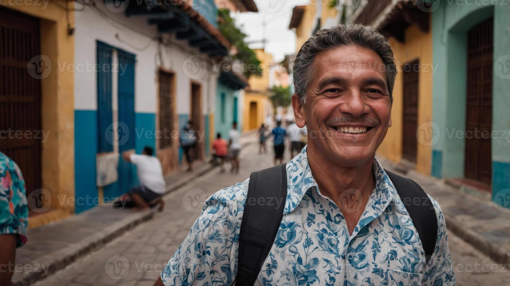 Smiling traveler in Cartagena's vibrant streets, enjoying the colorful architecture and lively atmosphere of the historic city. photo