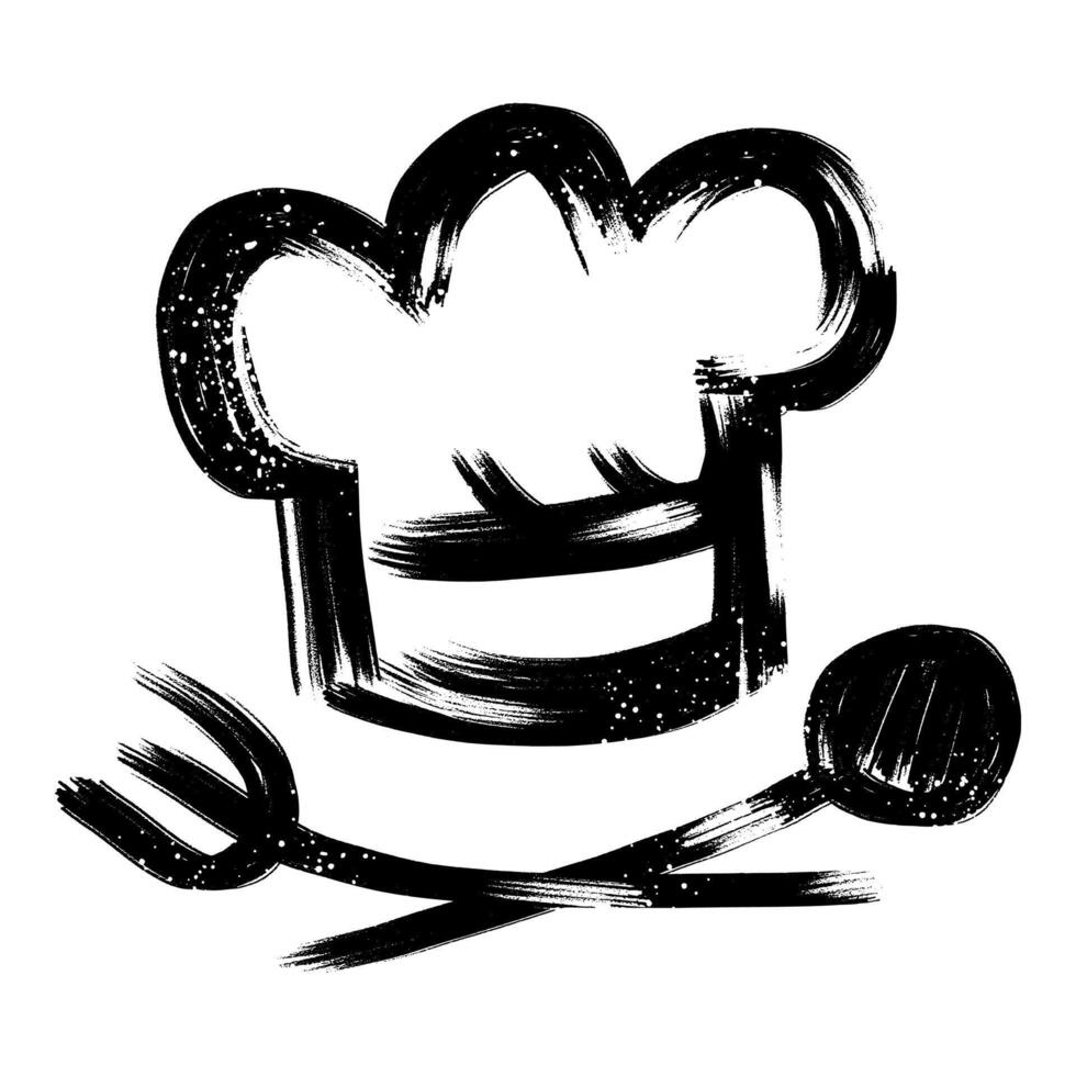 Hand drawn chef hat with crossed spoon and fork with brush strokes. Grunge chef hat and spoon and fork vector