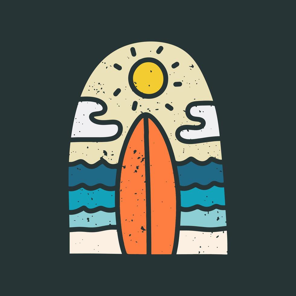 simple hand drawing vintage art surfboard and summer beach vibes vector