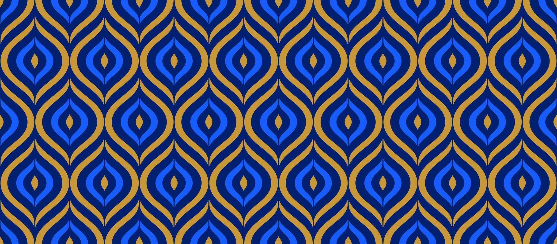 Seamless art deco feather pattern. Navy and gold geometric leaves background for design textile, fabric swatch, scarf cloth, print template. Blue color repeating floral wallpaper. vector