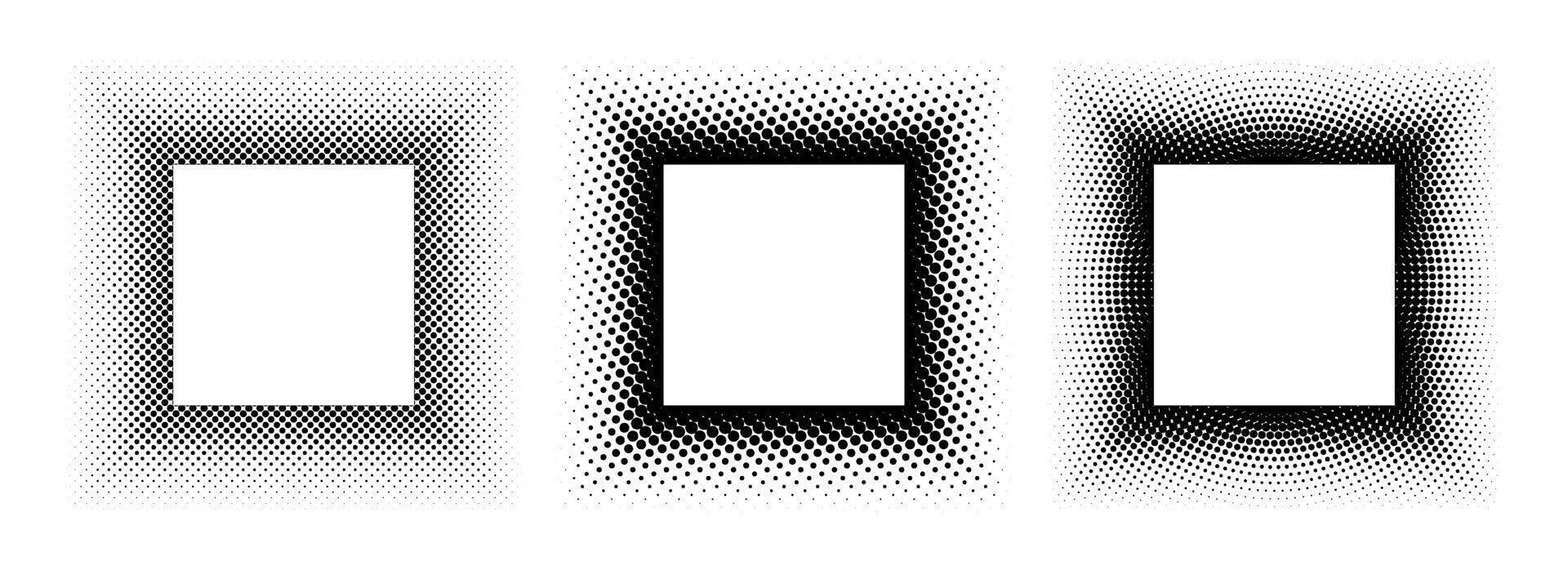Black halftone square frame set. Dotted gradient border collection. Pop art comic dot picture holder design for banner template, emblem, poster, box, copy space. Rasterized framing element pack vector