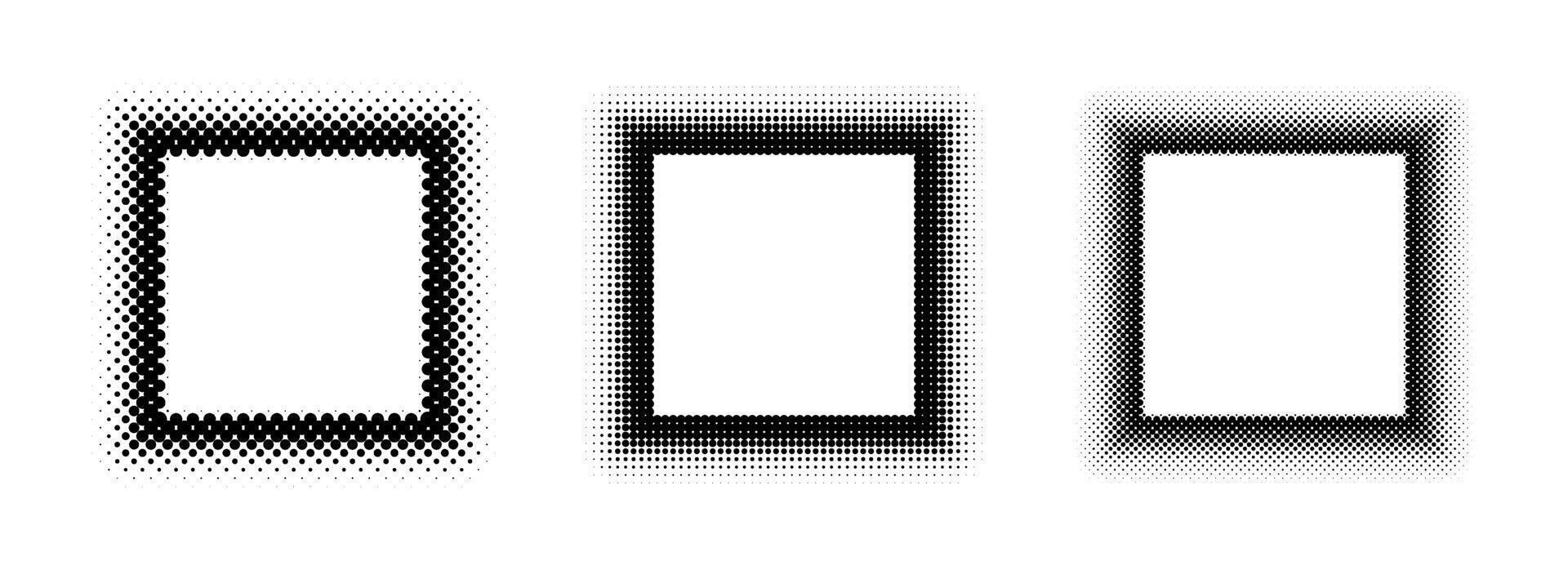 Black halftone square frame set. Dotted gradient border collection. Pop art comic dot picture holders for banner template, emblem, poster, box, copy space. Rasterized frame element pack vector