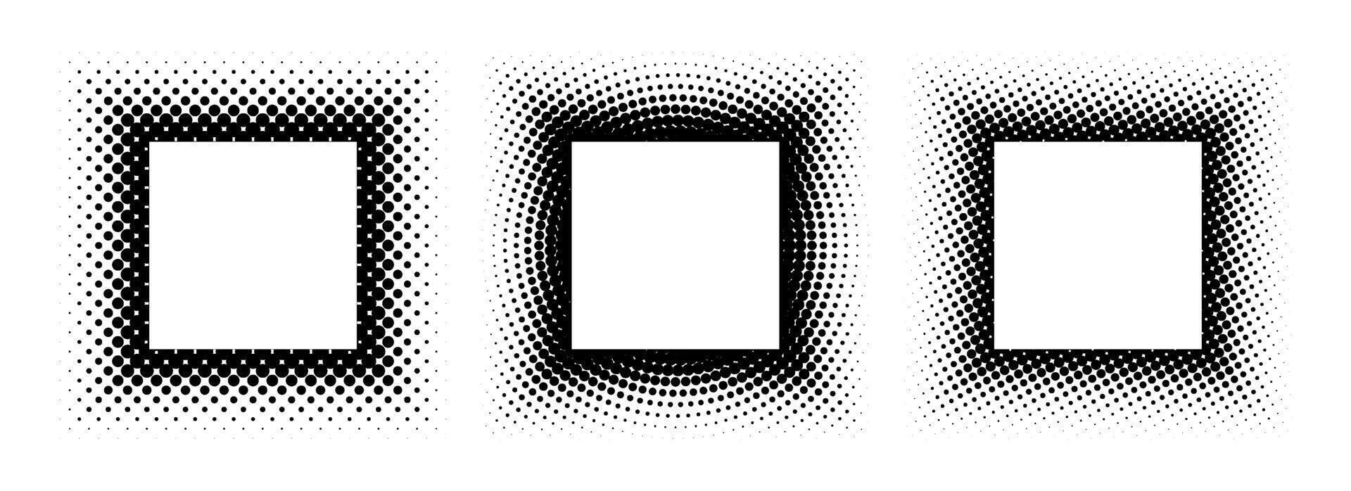 Black halftone square frame set. Dotted gradient border collection. Pop art comic dot picture holders for banner template, emblem, poster, box, copy space. Rasterized framing element pack vector