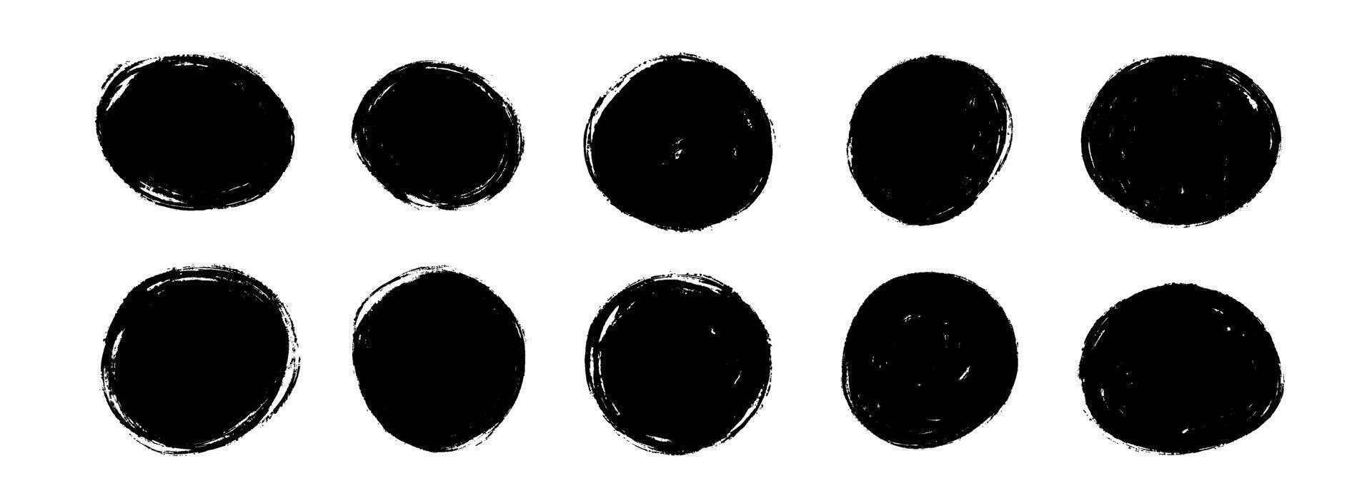 Dry paint circle stain set. Black grunge ink round frame collection. Brush stroke radial element pack. Hand drawn charcoal blobs for poster design, banner, template, text box. Circular spots vector