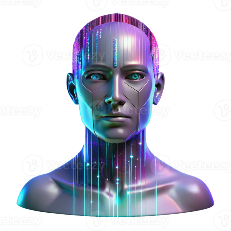 stunning abstract A holographic projection of a human face, fragmented and glitching, against a backdrop of binary code. Cool, neon lighting. Glitch art style high quality png