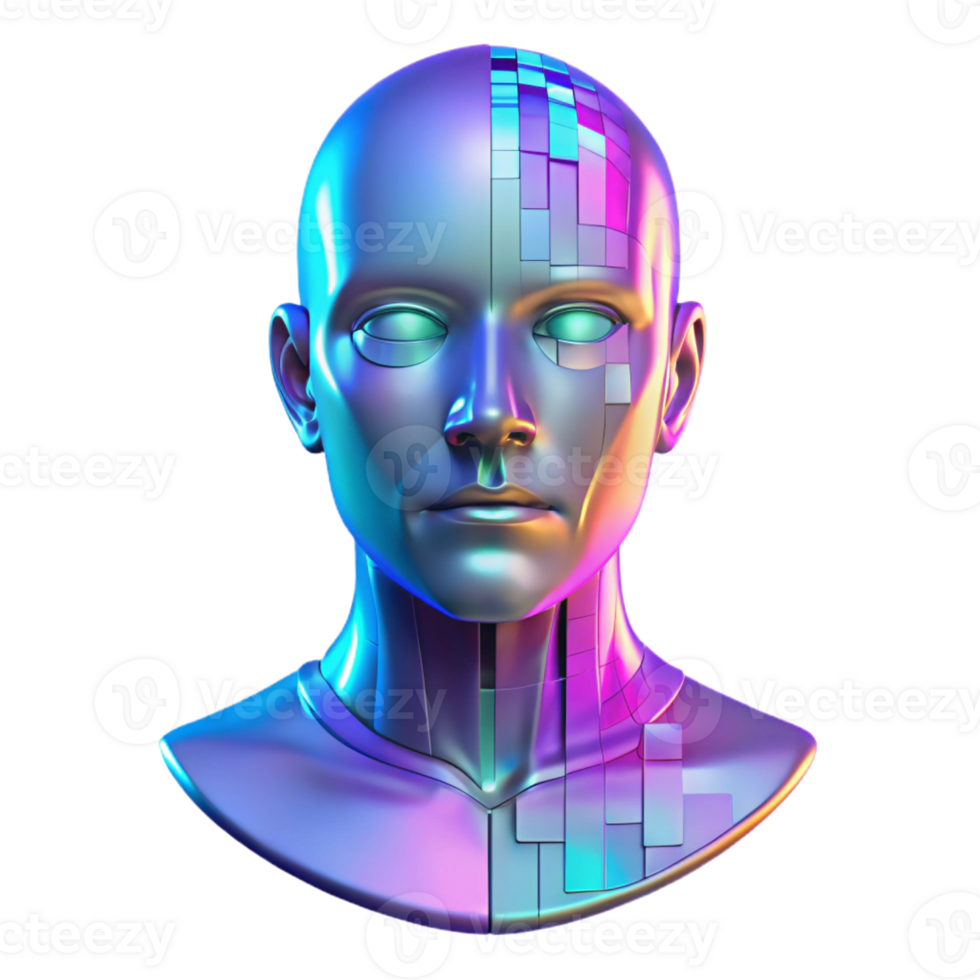 magnificent traditional A holographic projection of a human face, fragmented and glitching, against a backdrop of binary code. Cool, neon lighting. Glitch art style original png