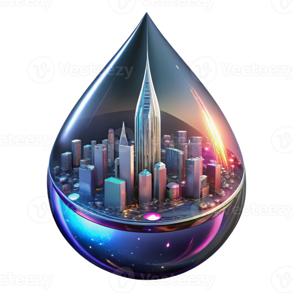 elegant artistic A futuristic cityscape reflected in a raindrop on a metallic surface, neon lights, blurred reflections, cyberpunk photography style high resolution png