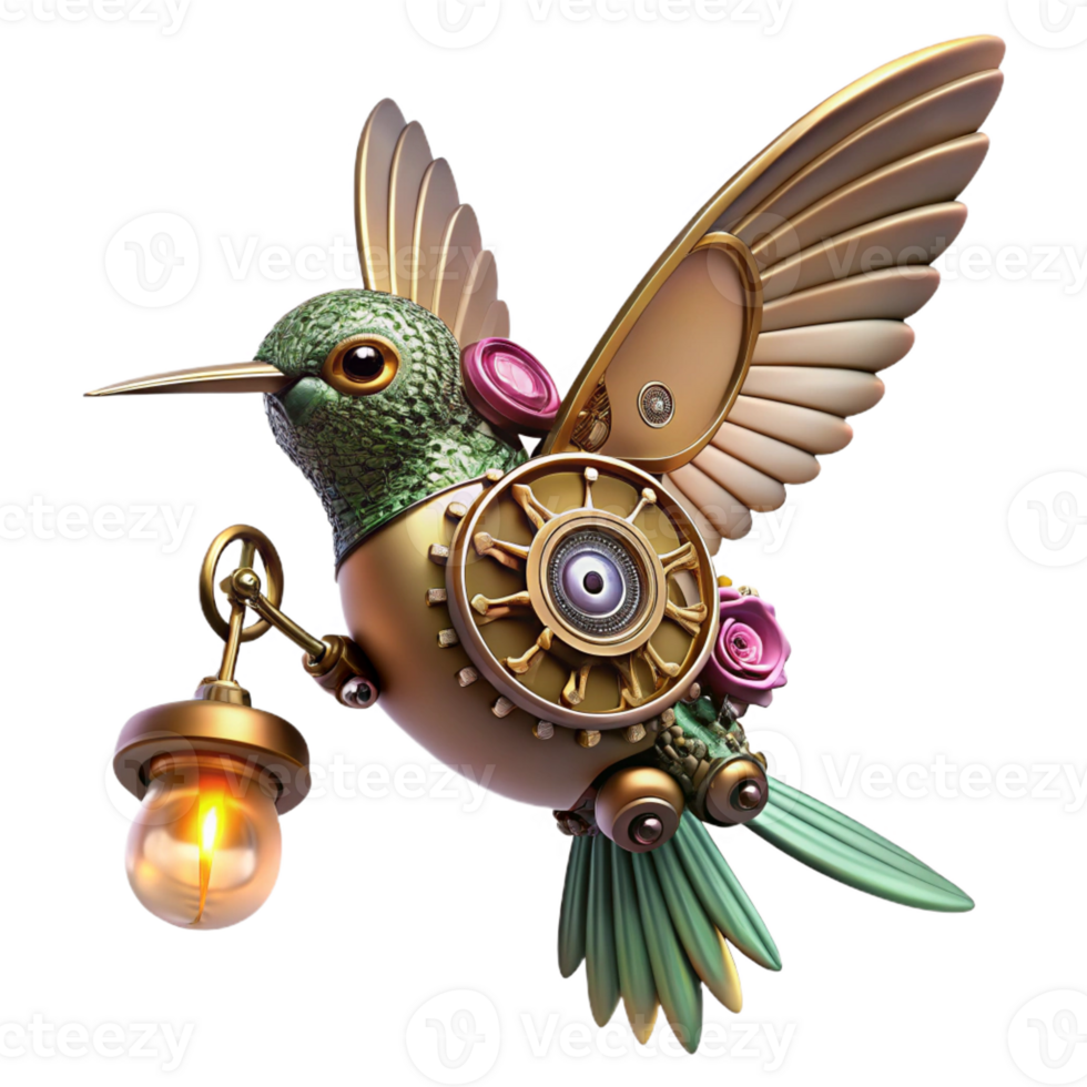 vibrant traditional A steampunk hummingbird with delicate, filigree wings made of gears and cogs, hovering near a clockwork flower, illuminated by a single spotlight high resolution png