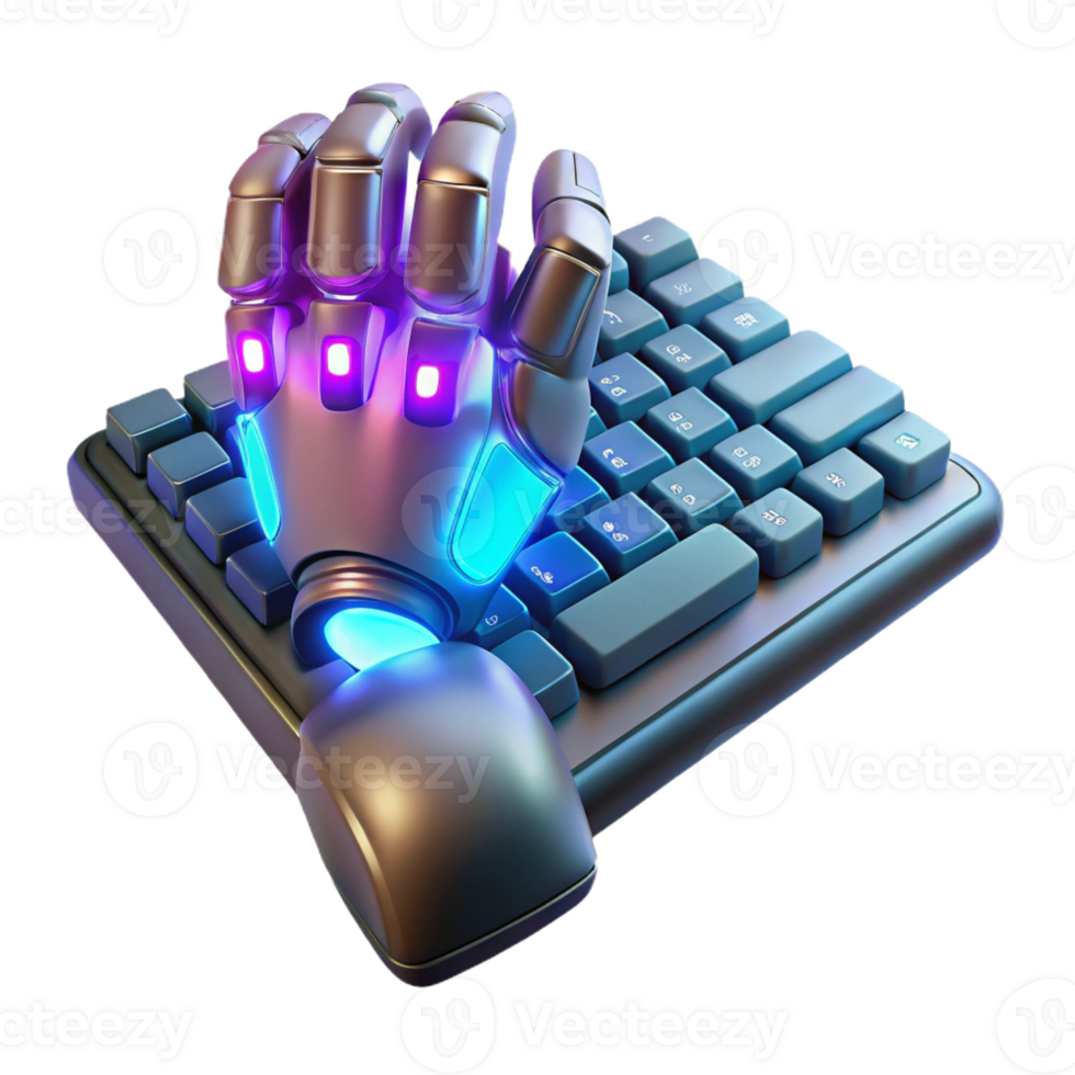 stunning minimalist A bionic hand typing on a holographic keyboard, glowing keys, cyberpunk lighting, digital painting style professional png