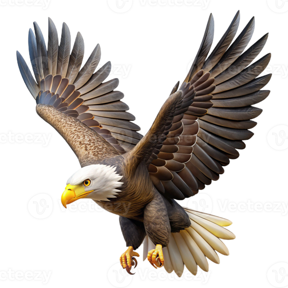 impressive artistic A majestic bald eagle soaring through the sky, powerful wings, sharp talons, realistic rendering, freedom theme, professional png
