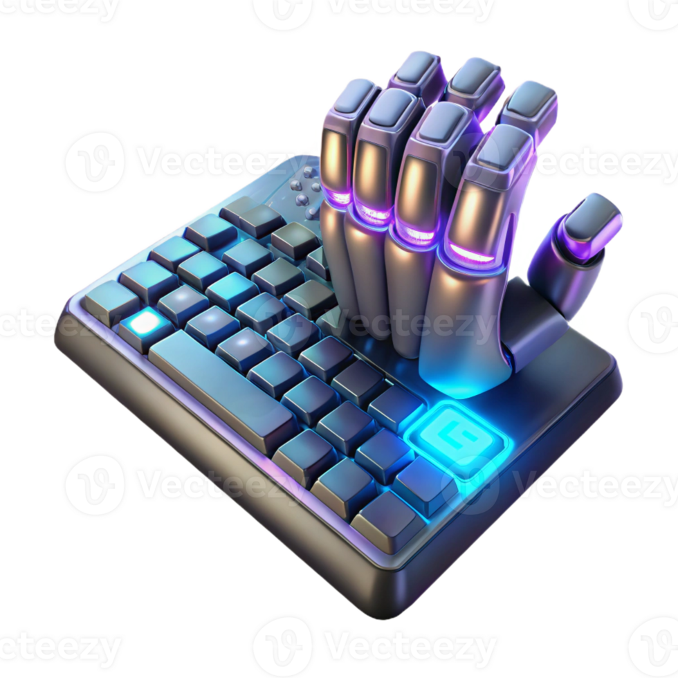 serene vintage A bionic hand typing on a holographic keyboard, glowing keys, cyberpunk lighting, digital painting style exclusive png
