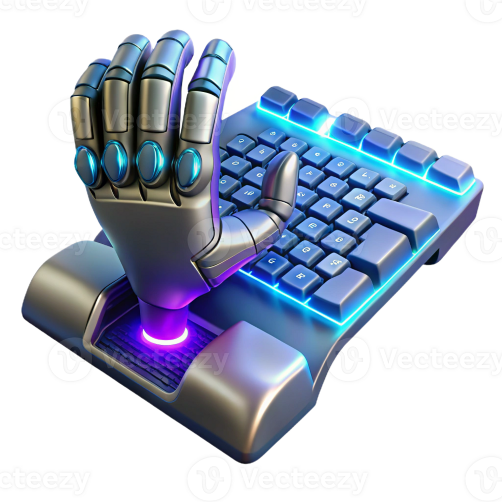 magnificent vintage A bionic hand typing on a holographic keyboard, glowing keys, cyberpunk lighting, digital painting style 4K png