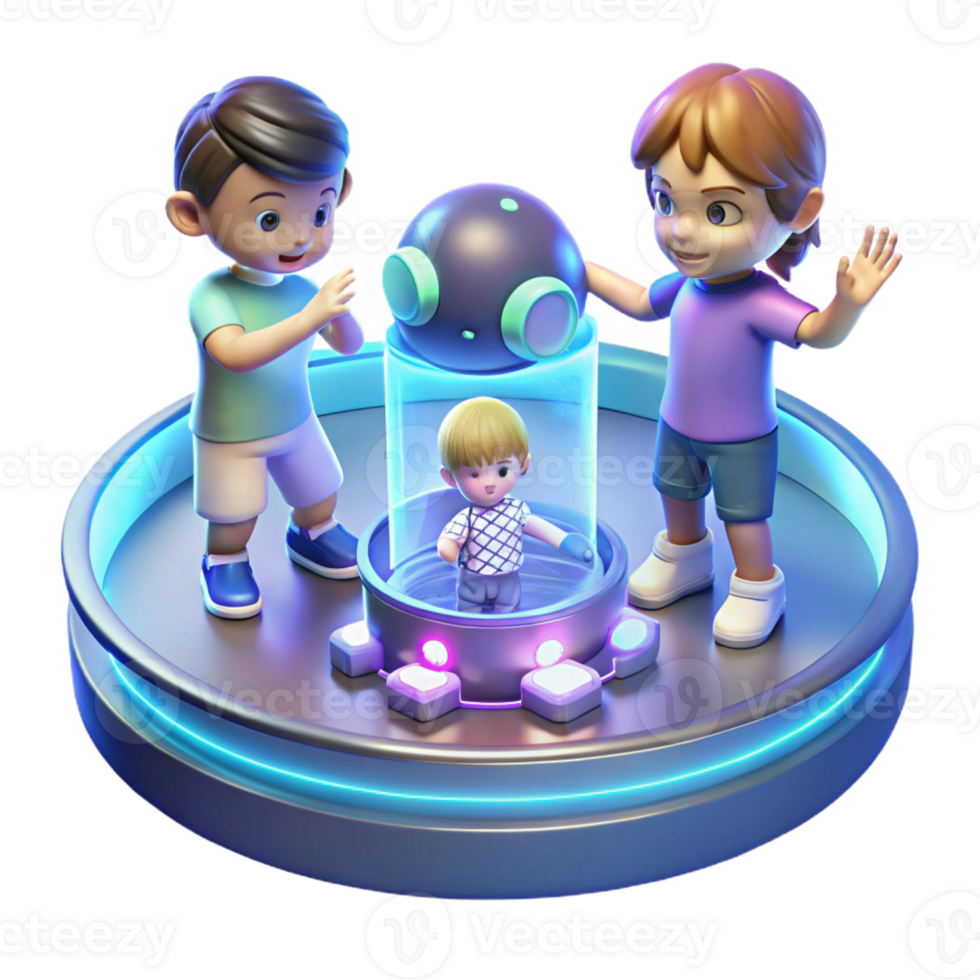 serene traditional A group of children playing with holographic toys in a futuristic playground. Bright, playful lighting. Cartoon style detailed png